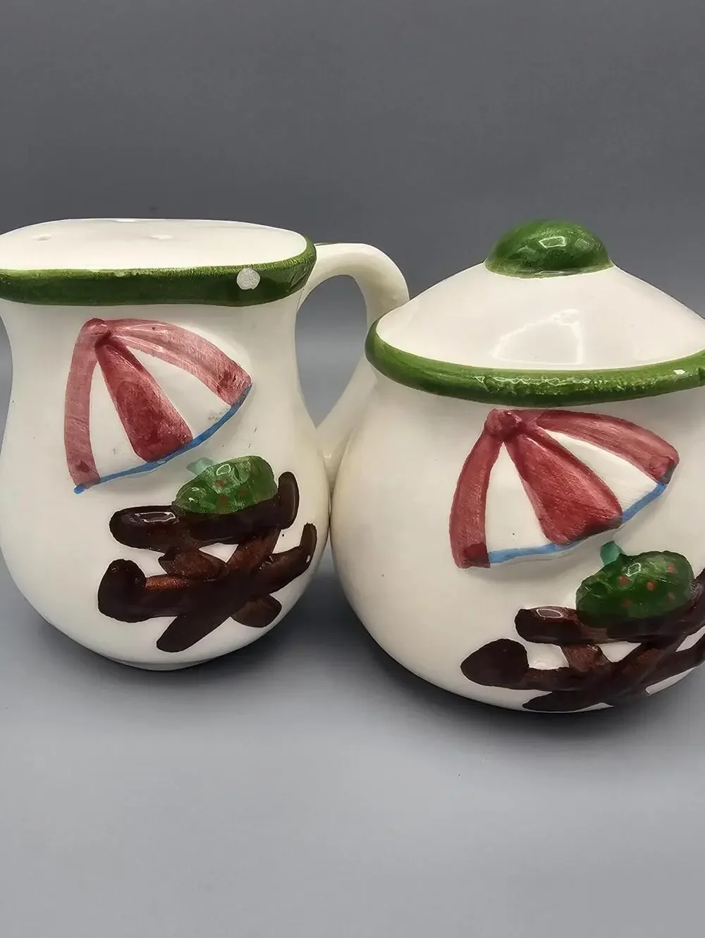 Ceramic Salt and Pepper Shaker Set with Lids, White with Green Trim and Floral